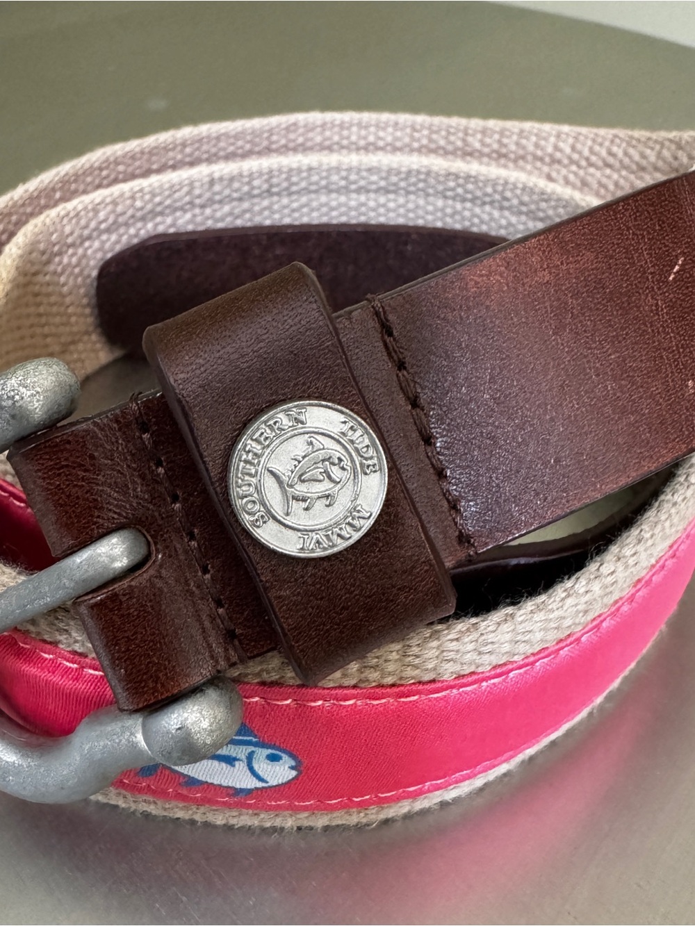 Southern Tide 38 Coral Pink & Tan Canvas Web Belt Skipjack 38 - Picture 2 of 9